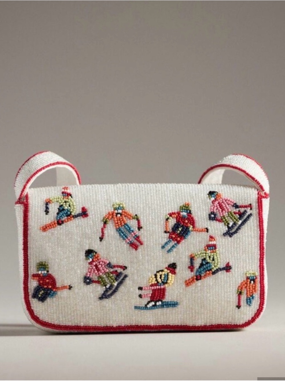 NWT Anthropologie First Edition Fiona White Beaded Ski Motif Bag with Red Trim. - Picture 3 of 13